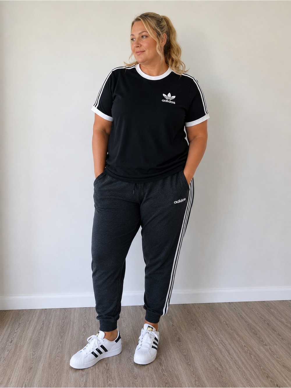 Adidas Women’s large charcoal Track Jogger Pants with black cotton shirt
